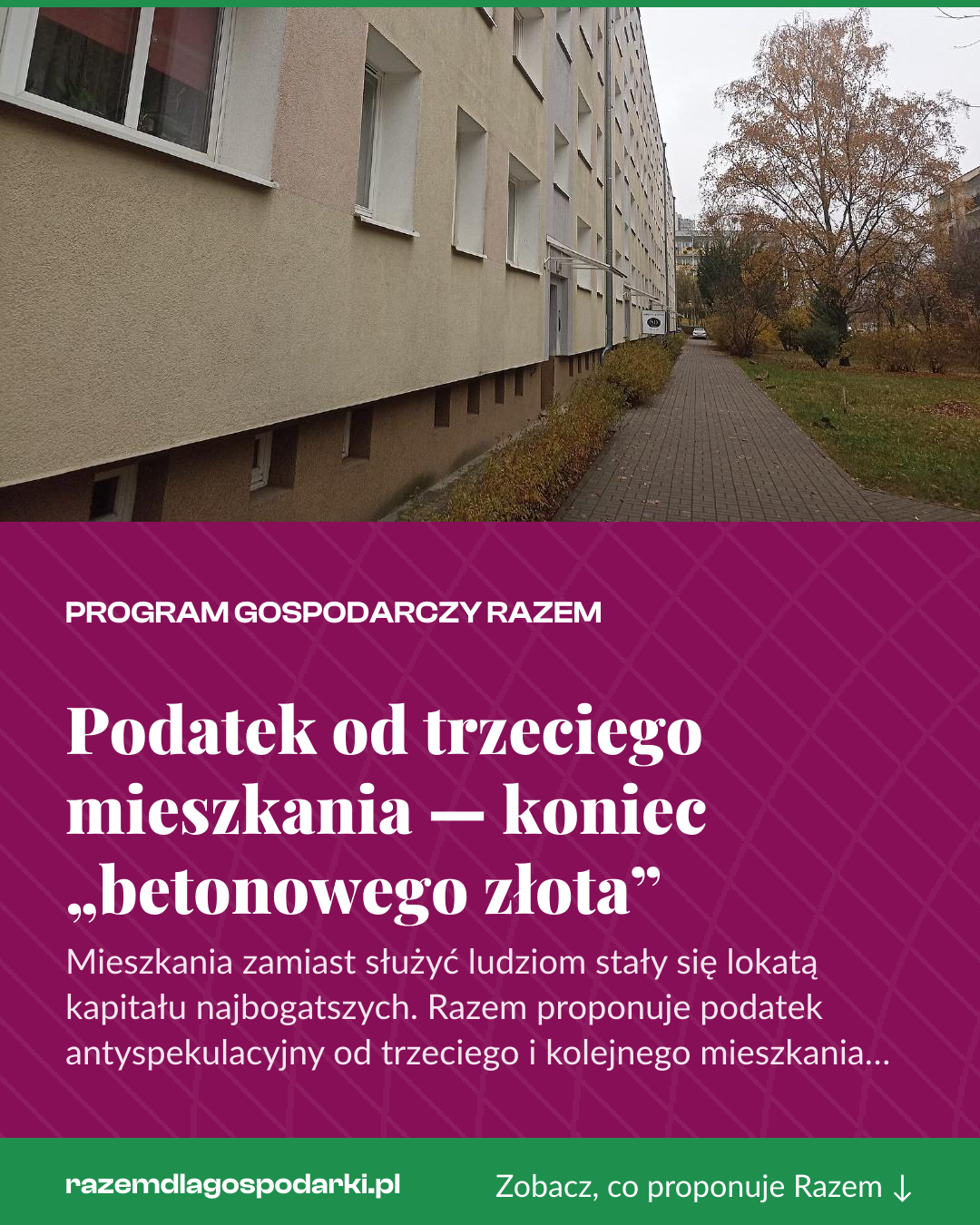 Grafika pionowa do udostępnienia: Podatek od trzeciego mieszkania — koniec „betonowego złota”