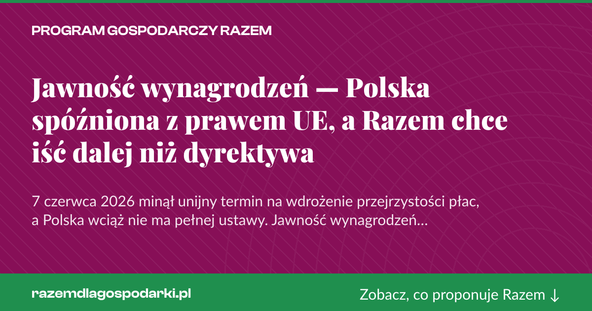 Karta social do udostępnienia: Jawność wynagrodzeń — Polska spóźniona z prawem UE, a Razem chce iść dalej niż dyrektywa