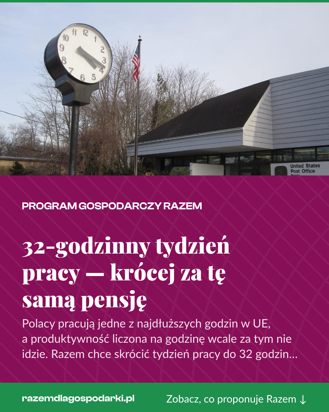 Grafika pionowa do udostępnienia: 32-godzinny tydzień pracy — krócej za tę samą pensję