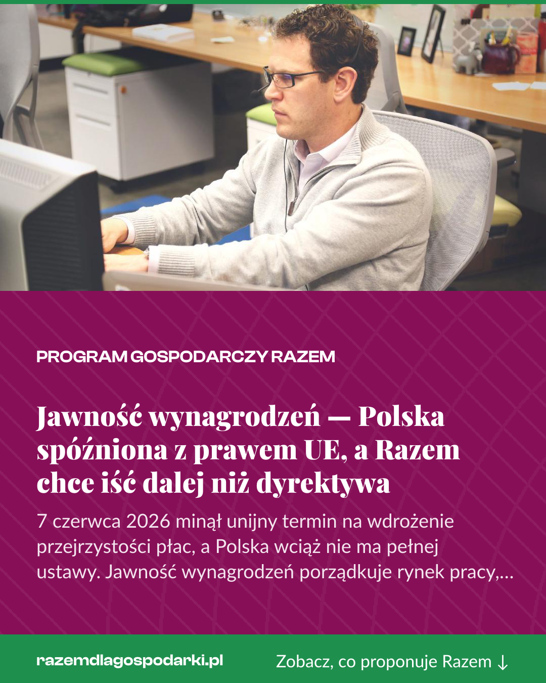 Grafika pionowa do udostępnienia: Jawność wynagrodzeń — Polska spóźniona z prawem UE, a Razem chce iść dalej niż dyrektywa