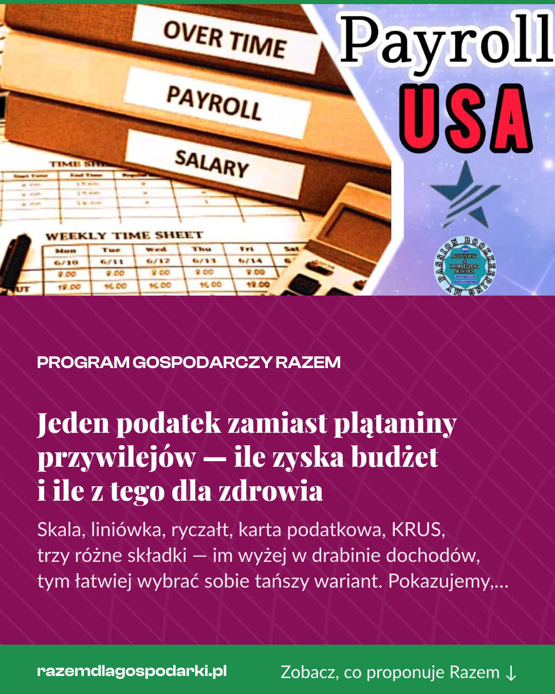 Grafika pionowa do udostępnienia: Jeden podatek zamiast plątaniny przywilejów — ile zyska budżet i ile z tego dla zdrowia