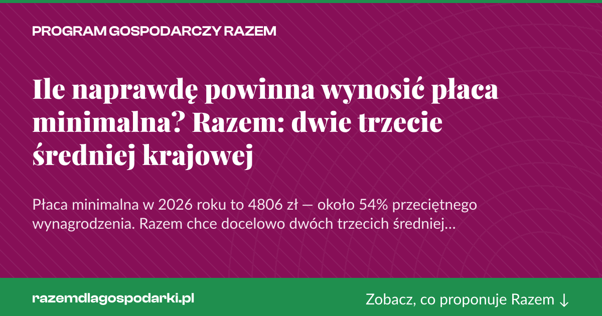 Karta social do udostępnienia: Ile naprawdę powinna wynosić płaca minimalna? Razem: dwie trzecie średniej krajowej